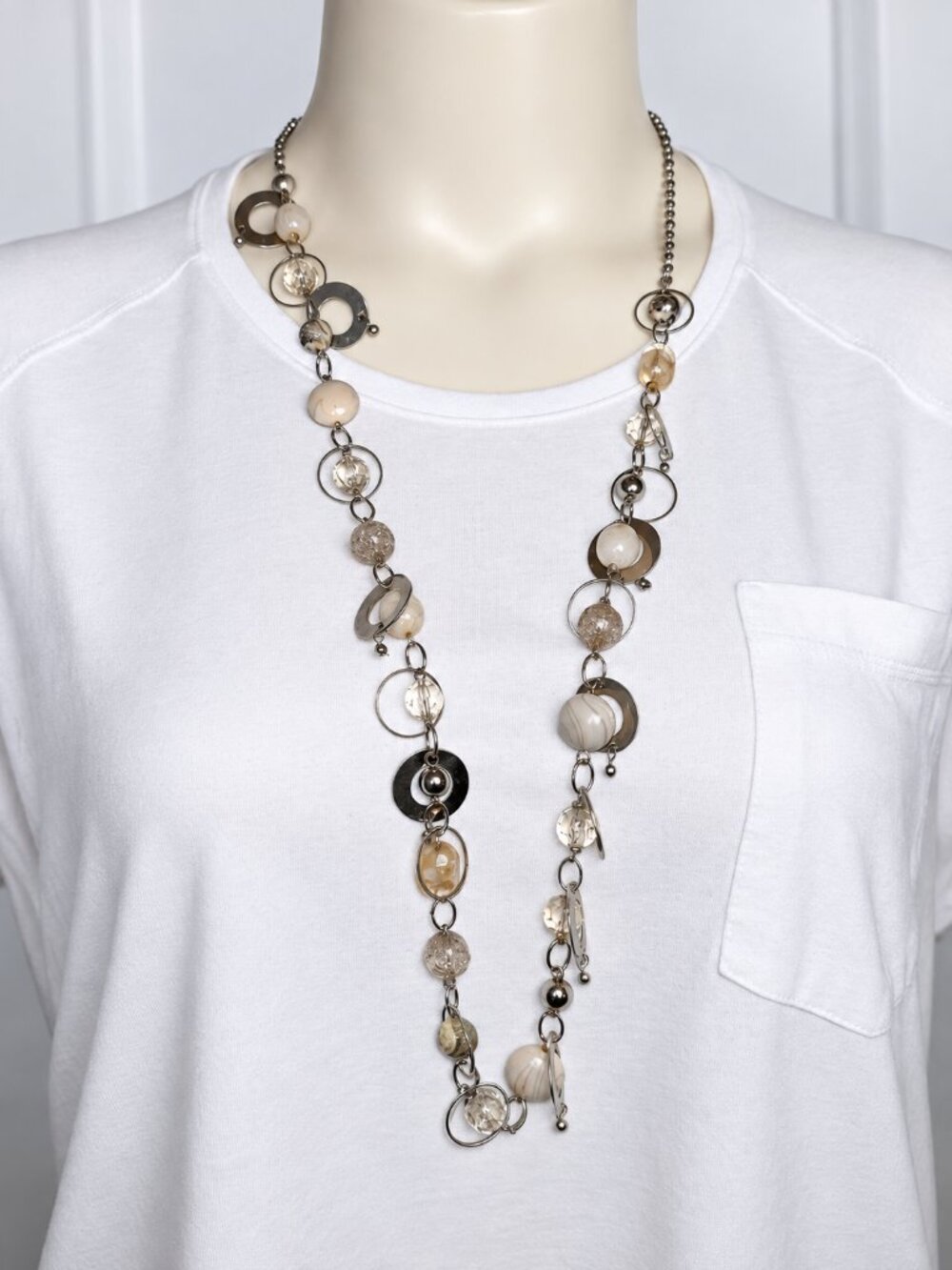 New York & Company Long Mixed Bead Silver Tone Statement Necklace